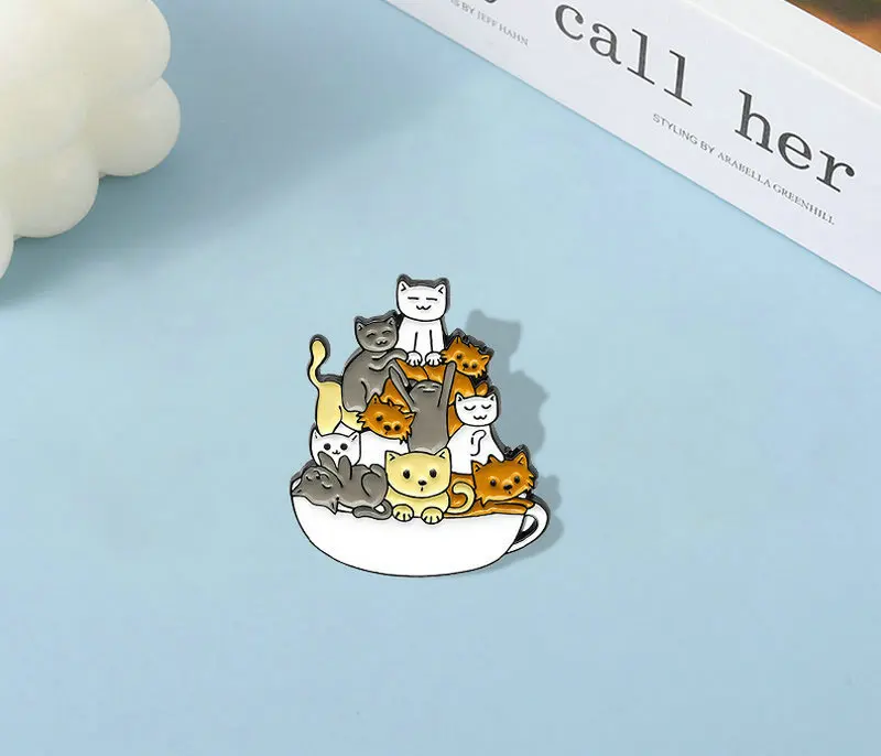 A Cup of Animal Enamel Pin Custom Cats Rabbit Bear Hedgehog Penguin Brooches Bag Lapel Pin Cartoon Badge Jewelry Gift for Kids