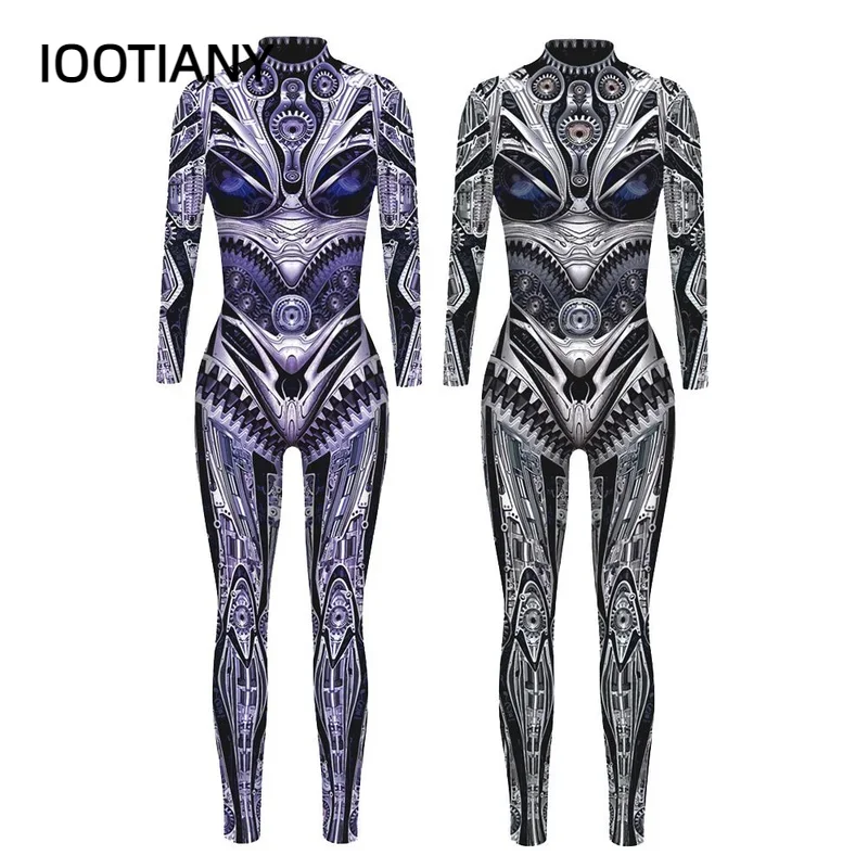 IOOTIANY Retro Robot Punk Style Print Cosplay Costume Women/Men Jumpsuit Bodysuit Adult Carnival Party Halloween monos mujer