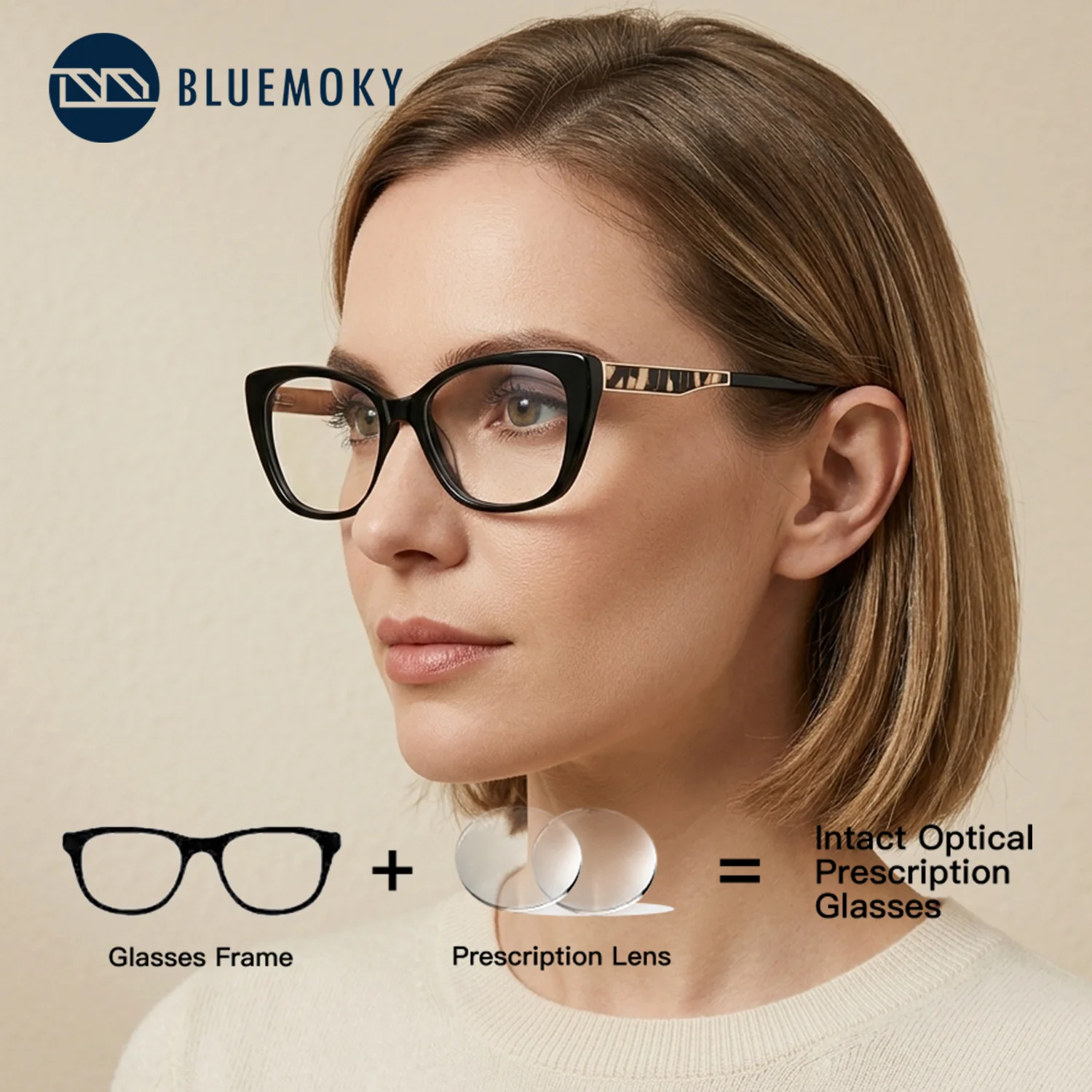 BLUEMOKY (M Size) Cat Eye Prescription Eyeglasses Photochromic Anti Blue Light Acetate Minus Graduated Glasses for Myopia Woman