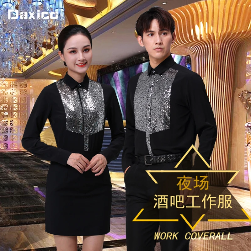 New Arrival Glitter KTV Waiter Jacket for Man Woman Bar Waitress Shirt Customized LOGO Night Club Tops Restaurant Work Wear