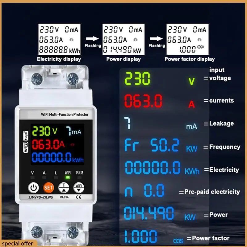 A68Z Tuya Wifi Smart Energy Meter Multifunction Automatic Reclosing Protector Circuit Breaker Voltage Current Leak Protection
