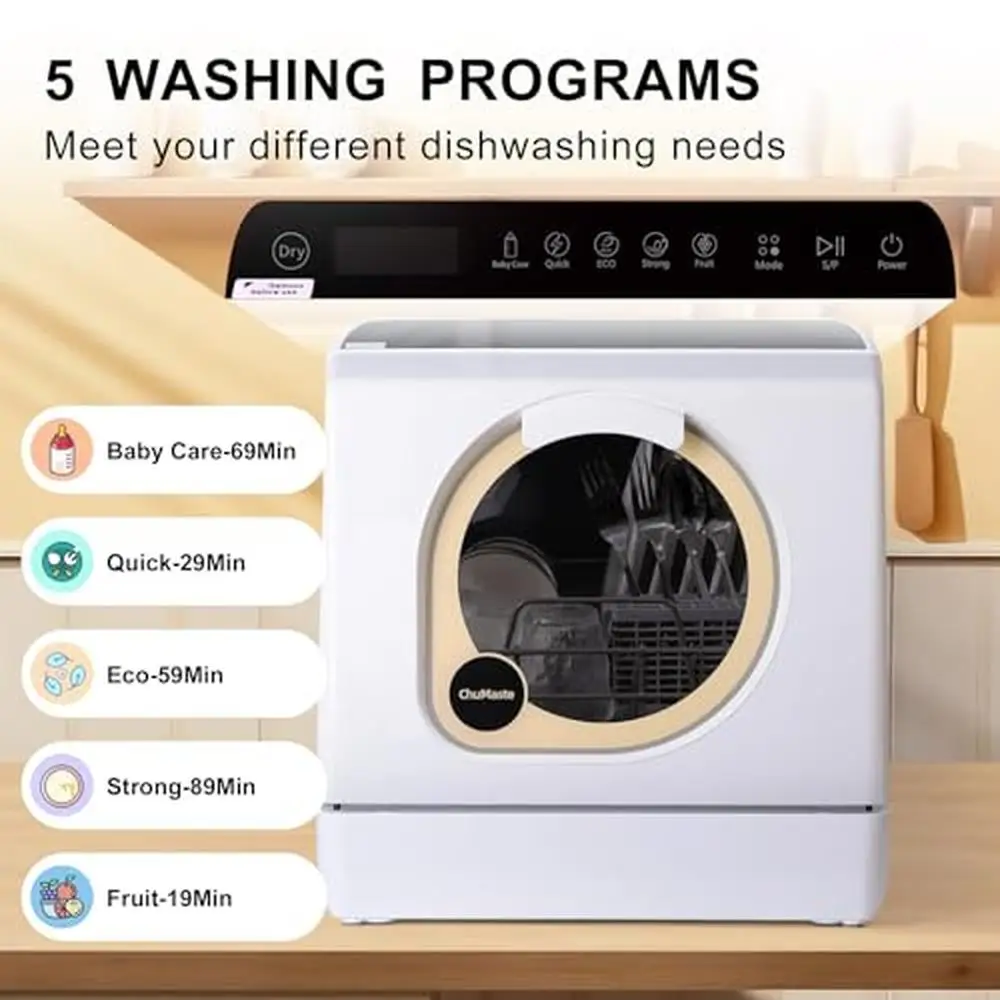 غسالة أطباق محمولة مدمجة مع 5 أوضاع للغسيل، تحكم بلوحة لمس LED وخزان مياه بأذرع رش مزدوجة