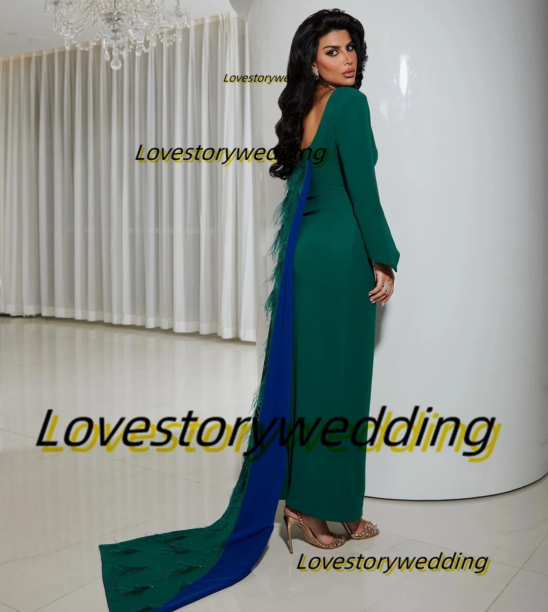 Lovestory Saudi Arabia Party Women Wear Long Sleeves Prom Dresses Backless Feathers Flutters Evening Party Birthday Gowns