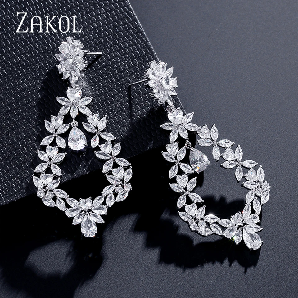 ZAKOL Luxury AAA Cubic Zirconia Long Drop Earrings Big Size Wedding Bridal Earring for Women