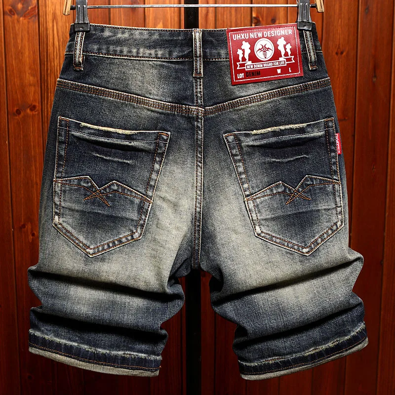 Five point denim shorts for men, summer American street fashion trend, retro washed nostalgic mid pants