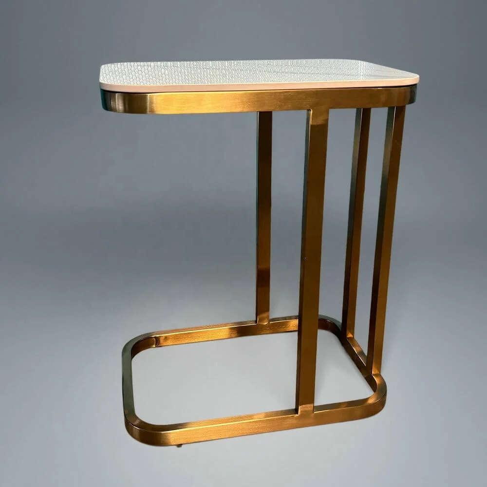 #Modern End Table Golden Stainless Steel Sintered Stone Top Handmade Contemporary Living Room Furniture