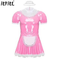 Mens Sissy Patent Leather French Maid Cosplay Dress with Lace Headband Ruffles Lace Apron Puff Sleeve A-Line Gothic Club dress