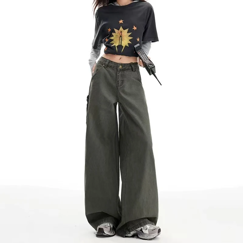 Jean Cargo vert armée à jambes larges pour femmes, taille haute, Streetwear, pantalon droit ample, mode coréenne, pantalon Denim décontracté, automne