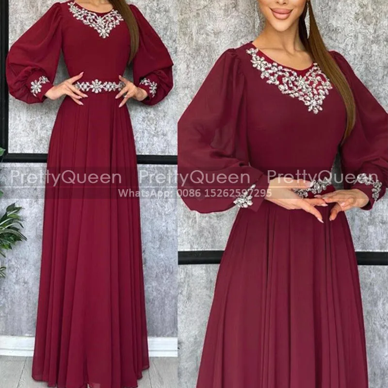 Burgundy Chiffon A Line Mother of the Bride Dresses Customized Rhinestone Beads Long Sleeves Prom Dress Party For Women