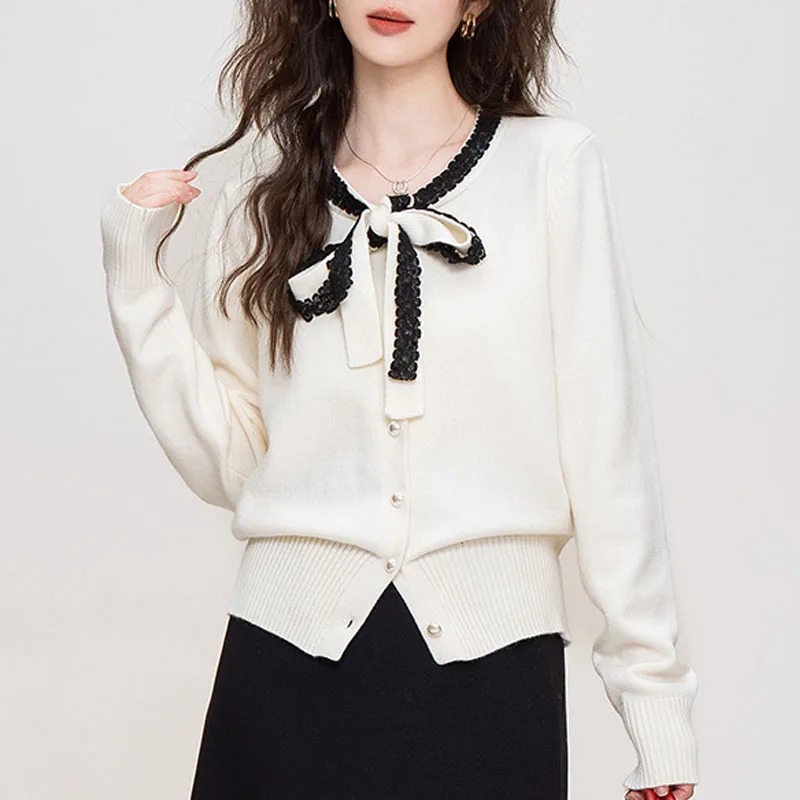 

Knitted Sweater Women Cardigans New Long Sleeve Bow Collar Knit Sweater Cardigan Women Tops Sweaters Sueters De Mujer 2025 Q1085