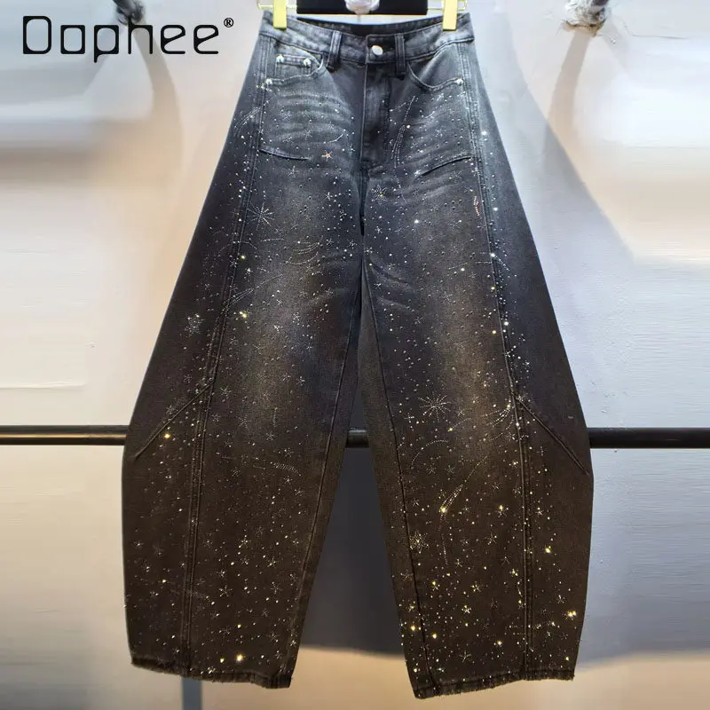 

2026 Spring New Heavy Industry High Temperature Hot Diamond High Waist Skinny Scimitar Jeans Trousers Women's Pants