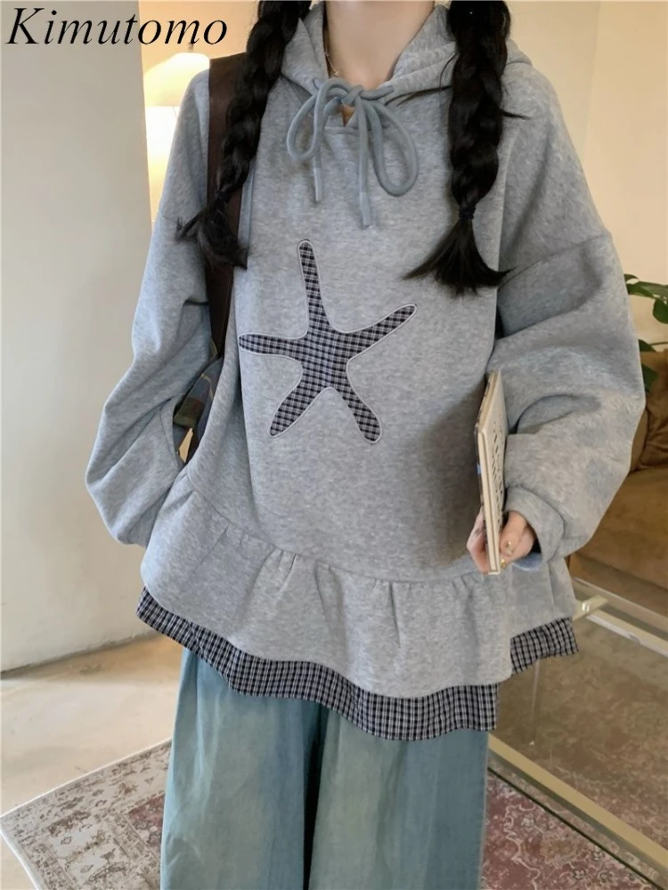 

Kimutomo толстовки женские осенне-зимние модные клетчатые лоскутные с длинным рукавом винтажные Y2k эстетические толстовки в стиле Харадзюку повседневные