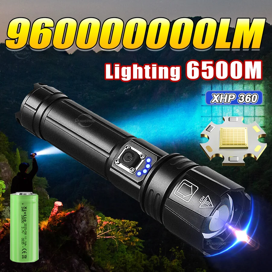 Most Powerful LED Flashlight Strong Light Tactical Torch Outdoor Waterproof Camping Hiking Lantern  USB Rechargeable lamp