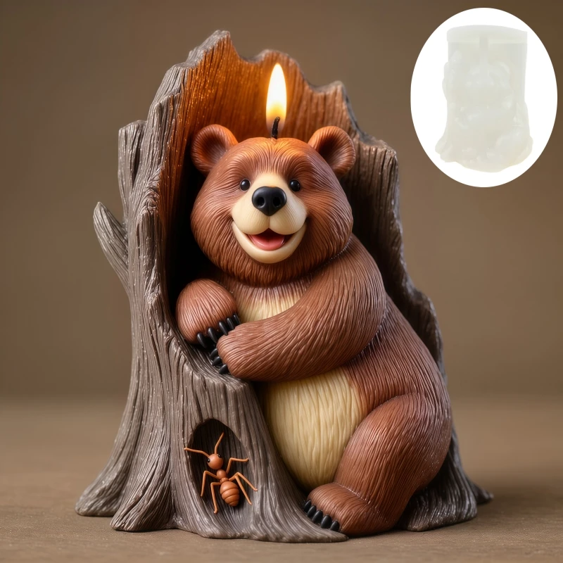 Ant Picking Bear Candle Silicone Mold in Tree Stump Resin Mold Cute Smile Tree Hole Bear Gypsum Mould Smile Bear Craft Molds