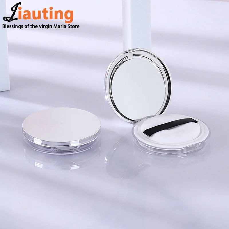 1pc Portable Ultra-thin Plastic Powder Box Loose Pot Travel Makeup Jar Sifter Container with Powder Puff Mirror