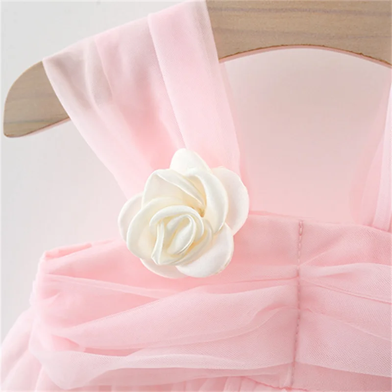 Sweet Flower Fairy Baby Girl Party Dresses Summer Solid Color Mesh Princess Evening Dress Kids Costume 0 to 3 Years Old Children