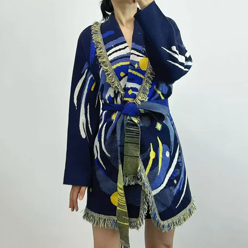 

Women's Jacquard Fringe Tie-Front Collar Cardigan, Fashionable Casual Sweater Jacket, High-Quality Jacket, Winter, New Arrival,