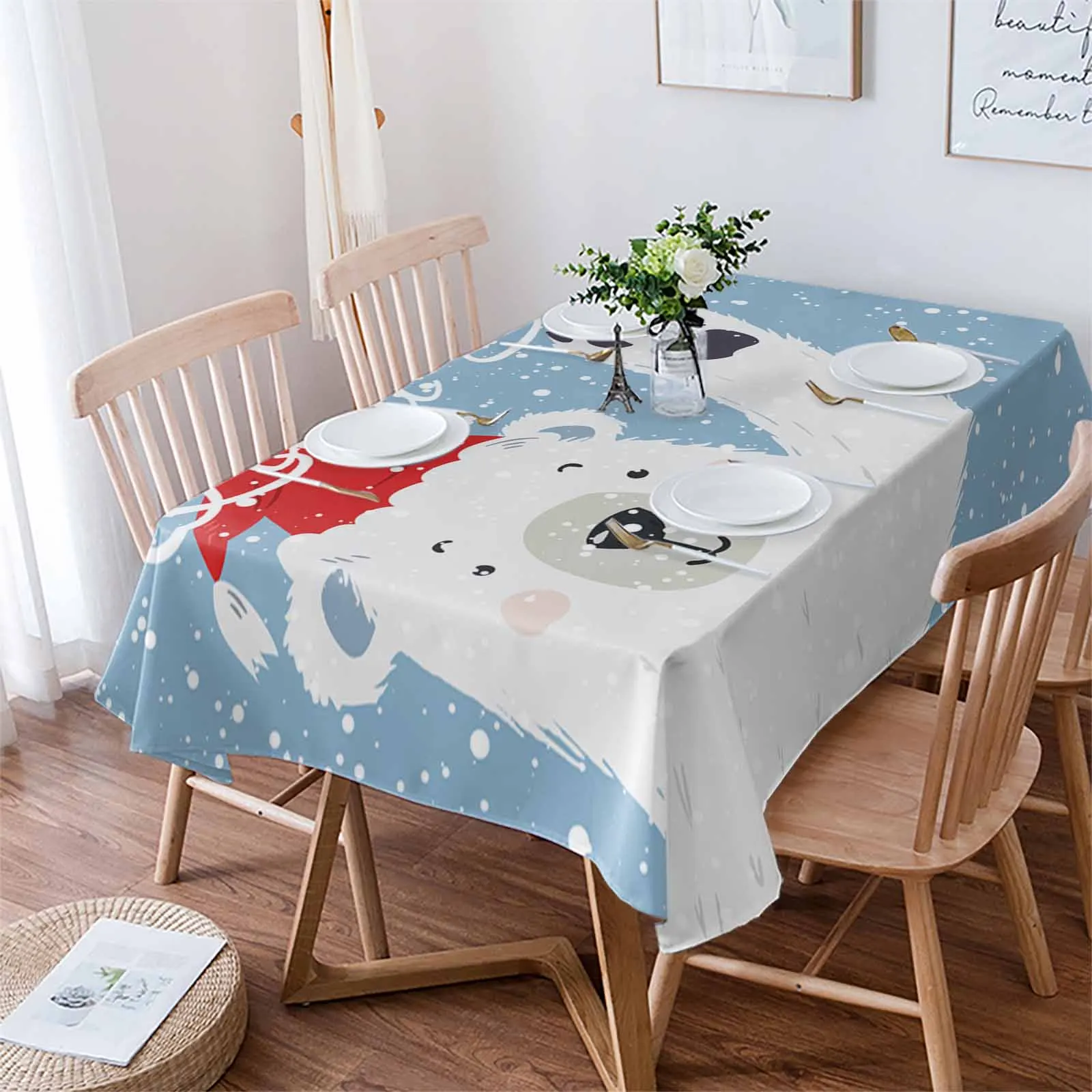 Christmas Snowflakes Bears  Tablecloth Waterproof Dining Table Rectangular Round Table Cover Home Kitchen Decoration