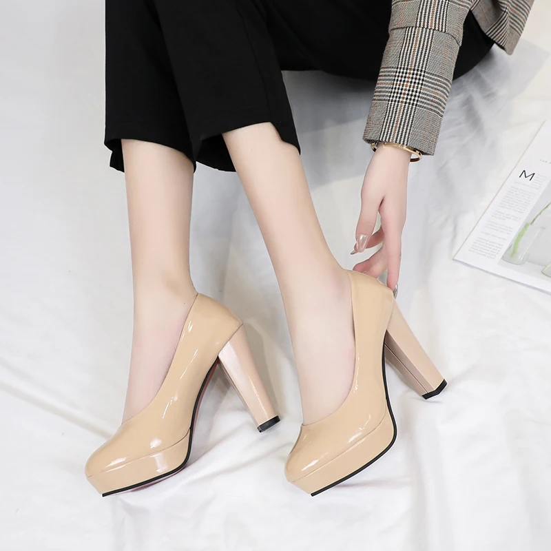 Platform High Heels Square Heel Pumps Women Spring Autumn Shoes Woman Fashion Shallow Office Shoes Slip-On Wedding Ladies Shoe