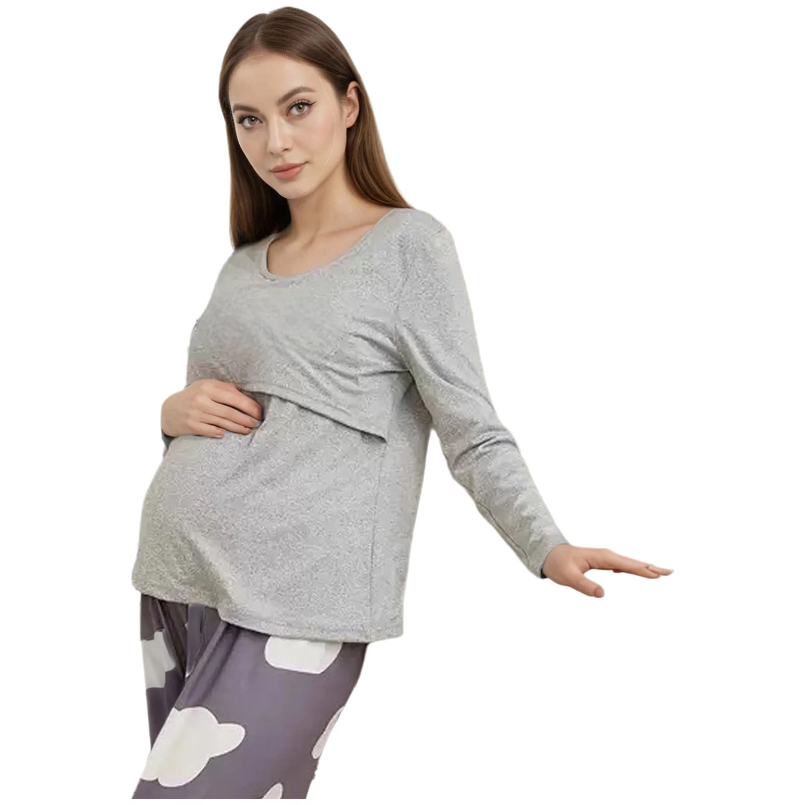 

Женские рубашки для кормящих мам, одежда для беременных и после родов, с длинным рукавом, круглым вырезом, двухслойные футболки, футболка для беременных и кормящих мам