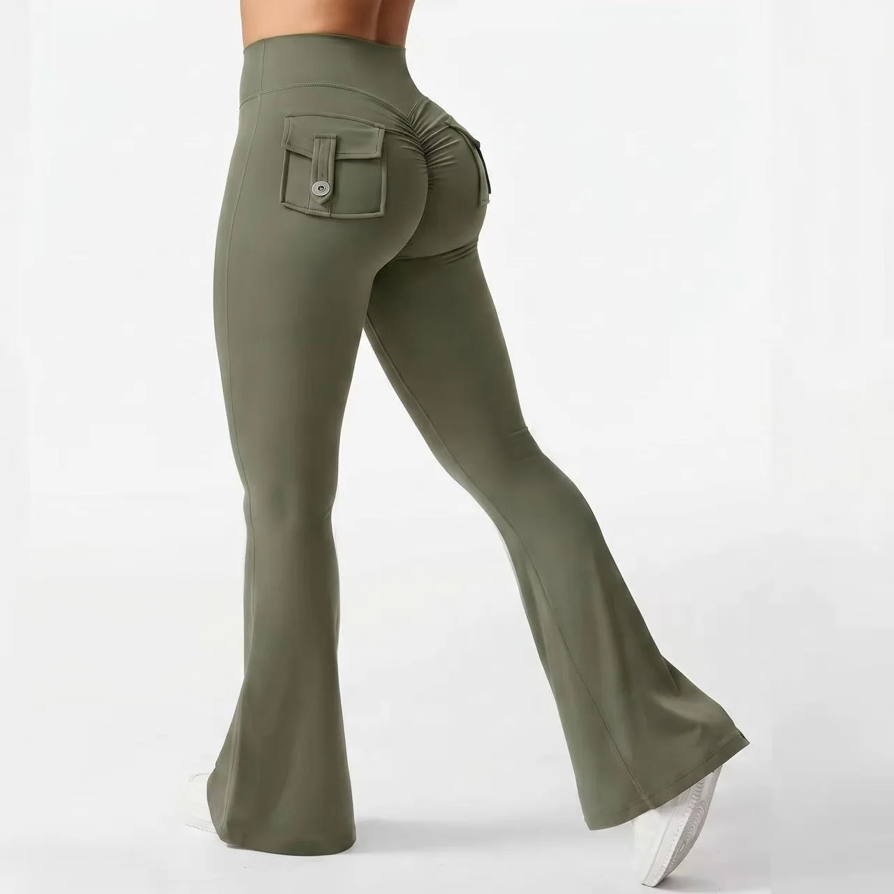 Damen Cargo-Taschen Flare Yoga-Hose mit hoher Taille, Po-Lifting-Effekt, dehnbare, schmale Bootcut-Leggings für Workout, Fitness, Sport und Freizeit – Detail 20