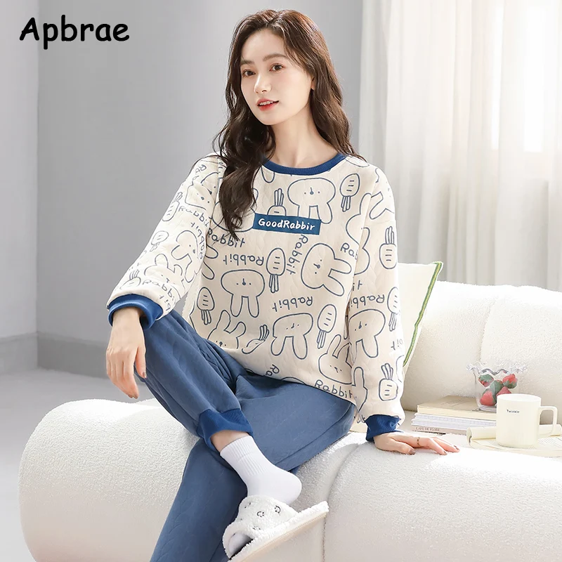 Women Thick Pajamas Long Sleeves O-neck Pijamas Fashion Ladies Loungewear Big Size L-4XL Warm Interlayer Cotton Sleepwear