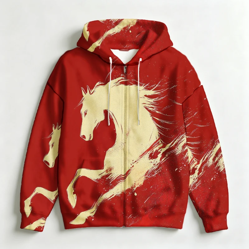 Men Zip Hooded Sweatshirt 3D Beast Claw Horse Animal Art Print Drawstring Casual Outer Garment For Male