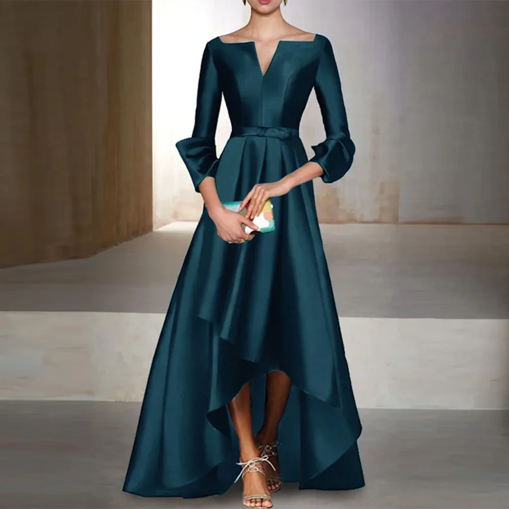 

Customized Satin Saudi Arabia Evening Dress Simple 3/4 Sleeves V-Neck Celebrity Gowns for Pleats Elegant A-Line Party Dress