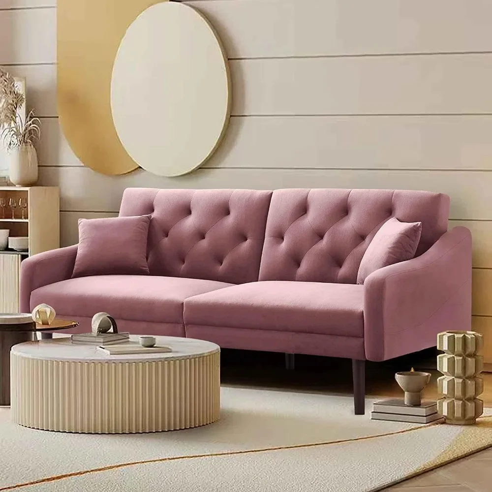 Convertible Sleeper Futon Sofa with 2 Pillows, Velvet Tufted Sofa with Metal Legs and Adjustable Backrest