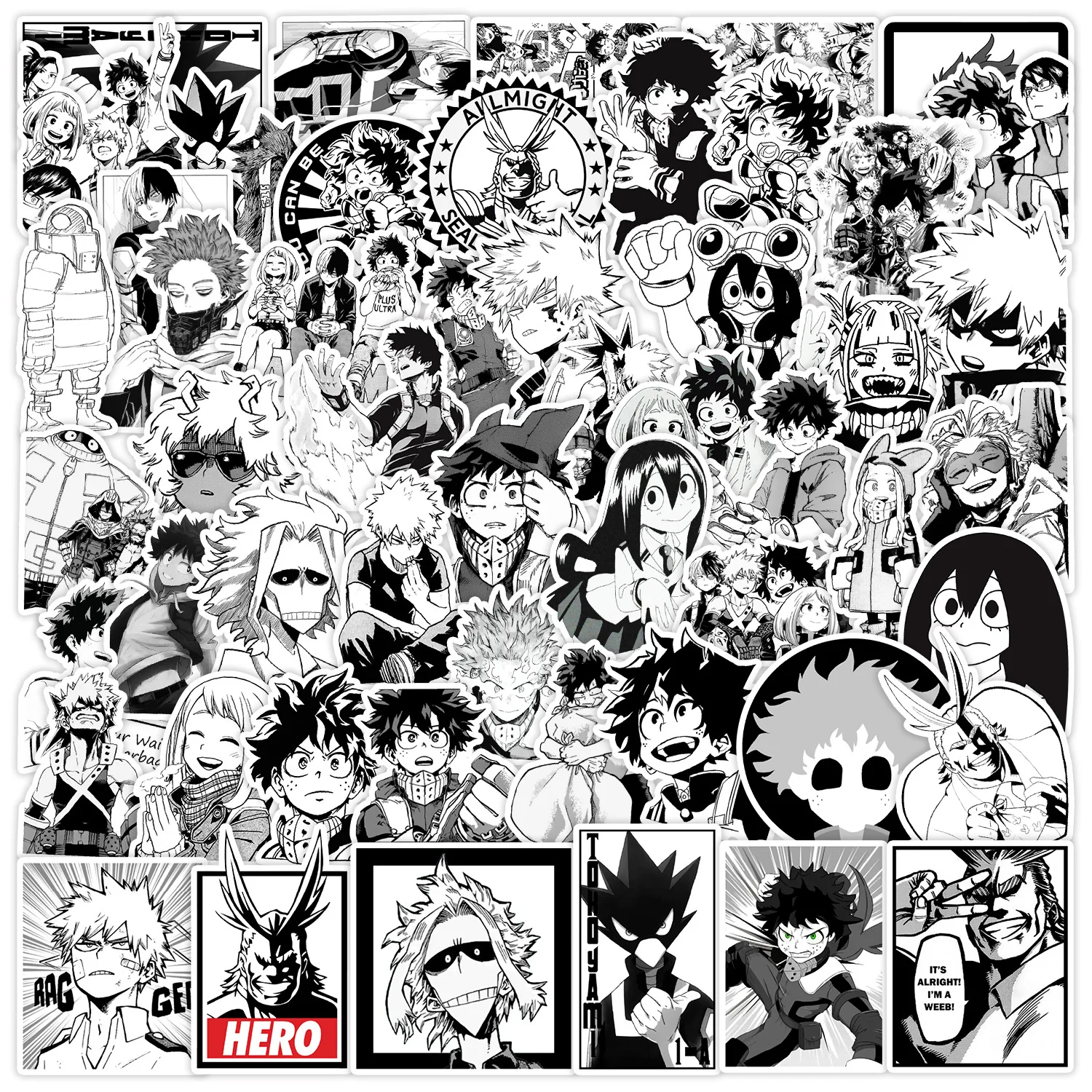 50pcs Black and White My hero Academy Cartoon Graffiti Stickers Suitcase Laptop Waterproof Sticker Decoration