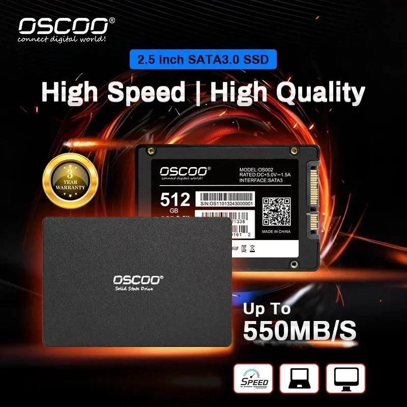 OSCOO-Disque Dur SSD SATA 3 de 120 Pouces, avec Capacité de 256 Go, 240 Go, 512 Go, 2.5 Go, pour Ordinateur Portable