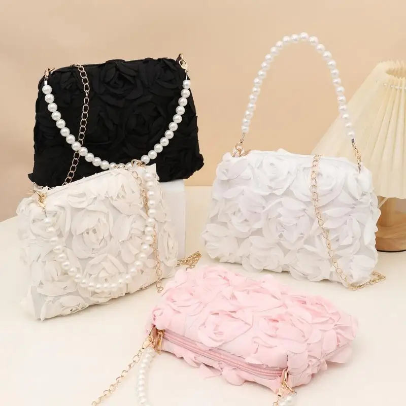 Ladies 3D Rose Floral Shoulder Bag With Pearl Handle Detachable Chain Perfect For Wedding Party Evening Date