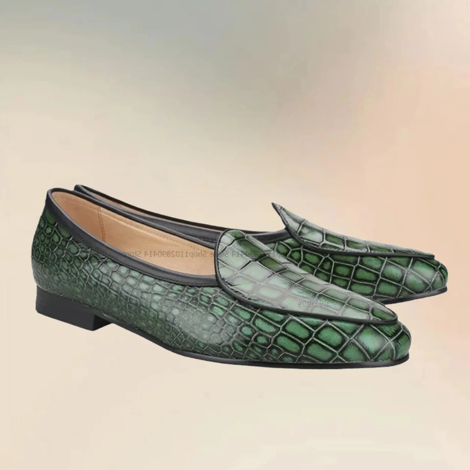 

Green Crocodile Print Cowhide Men Shoes Fashionable Slip On High Quality Men Loafers Handmade Runway Casual Low Top Men Shoes