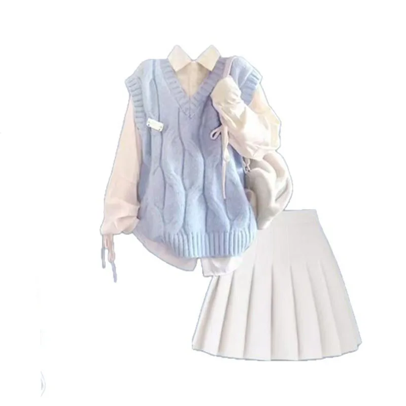 Temperament Dressing Dopamine Knitted Vest Shirt Women's Early Autumn 2025 College Style Pleated Skirt Set Three Piece Set