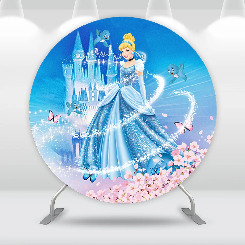 Cinderella Princess Round Circle Backdrop for Girl Birthday Party Supplies Floral Castle Photo Background Baby Shower Banner