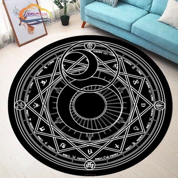 Pentagram sun Patterned Round Carpet, Satan Devil\'s Trap Rug, White  on Black  Supernatural  Rune carpet