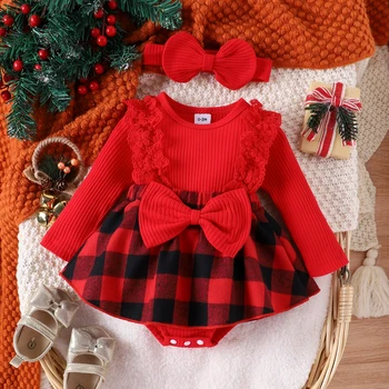 Pelele de Navidad para niña recién nacida, Vestido de manga larga con volantes, mono a cuadros, faldas con dobladillo, traje con diadema