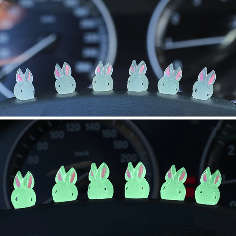 

6pcs Cute Mini Lucky Rabbit Car Decor Luminous Resin Ornament Autom Center Console Steering Wheel Rear Mirror Home Room Decor