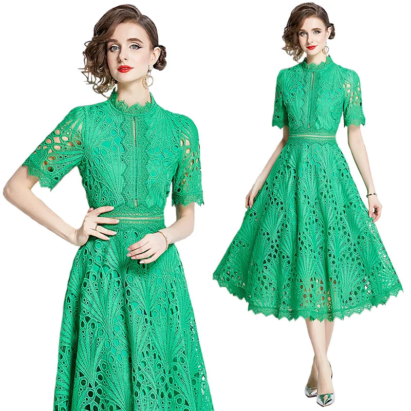 2024 Floral Crochet Hollow Out Lace Dresses Summer New Elegant Party Vestido Patchwork Casual Office Short Sleeve Midi Dress