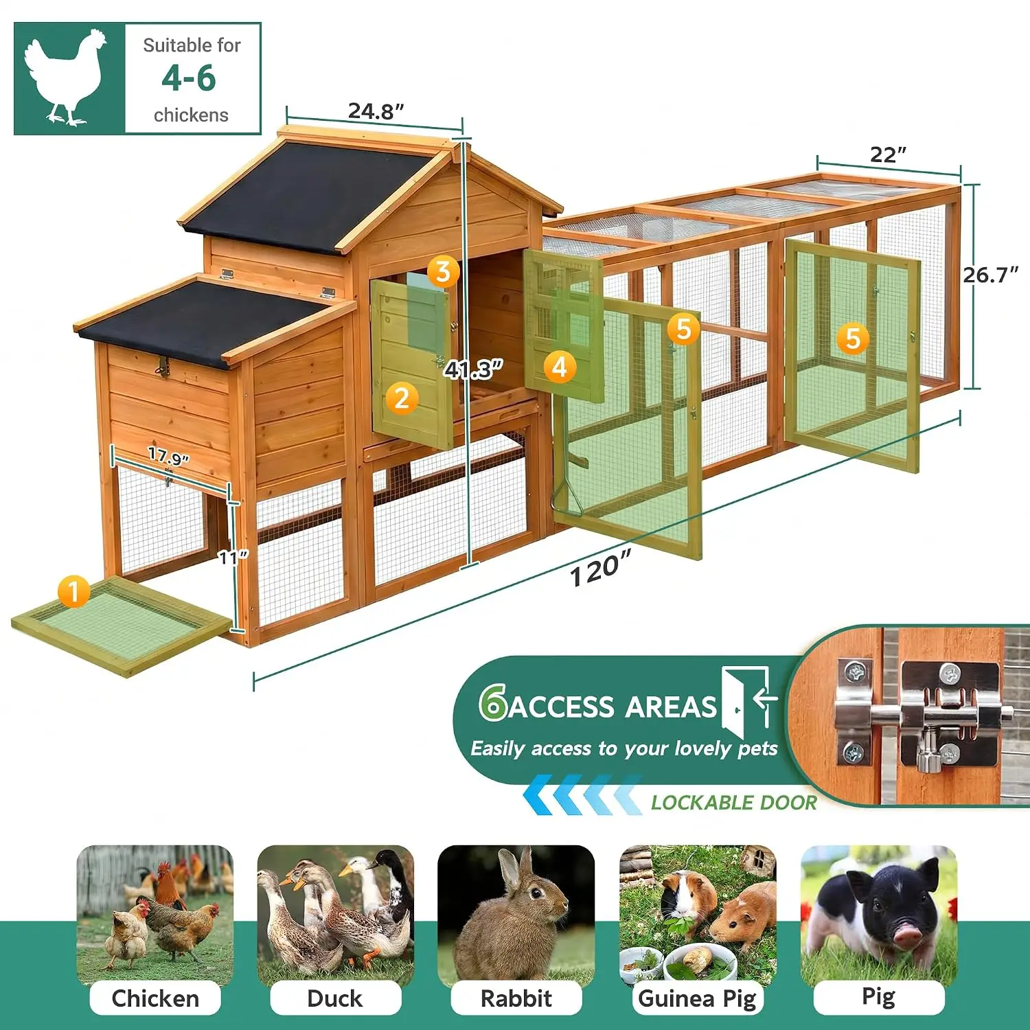 Large Chicken Coop with Run for 4-6 Chickens, Waterproof Asphalt Roof & Removable Tray, Predator Proof Hen House, Customized
