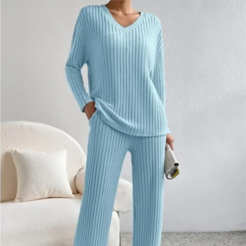 zekye Women's Casual V-Neck Women's Knitted Suit Top And Straight Pants Solid Color Sweater Two-Piece Set Home Suit For Women