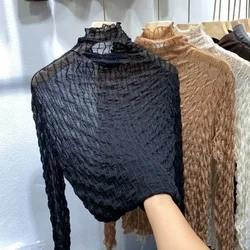 Mesh Turtleneck 2025 Top for Women Slim Lace Clothing Tshirt Black Woman T-shirt Brown Tee One Piece Simple Cheap Stylish Xxl O