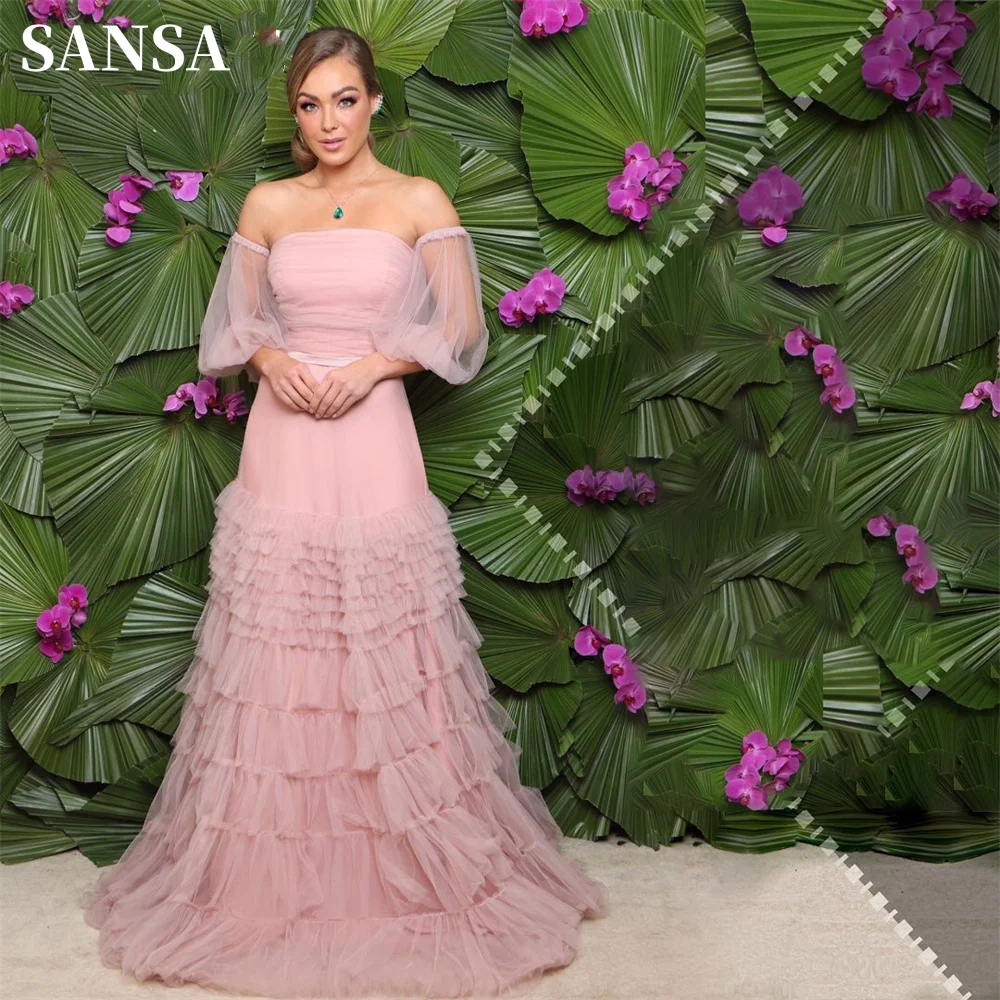 

Sansa Elegant Off Shoulder فساتين سهره فاخر 2023 3/4 Puffy Sleeve Edge Curl Prom Dress Pink Multilayer Vestidos De Noche