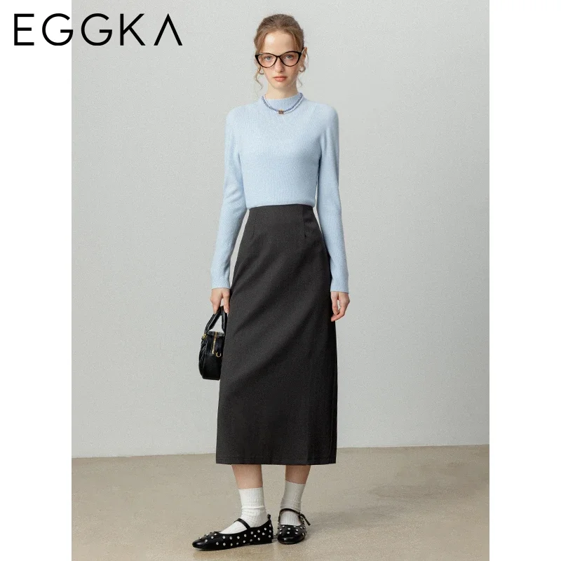 EGGKA  Autumn Back Slit Midi Skirts High Waist A-line Skirt for Women Slim Solid Mid Skirts Female Commute Straight Skirt Black