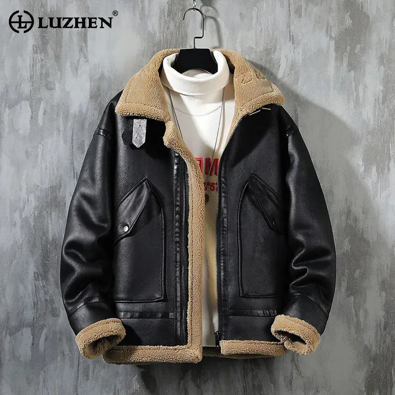 LUZHEN jaket kulit domba desain Wool pria, jaket Wool tebal Amerika musim dingin, atasan mantel kasual asli LZ7309