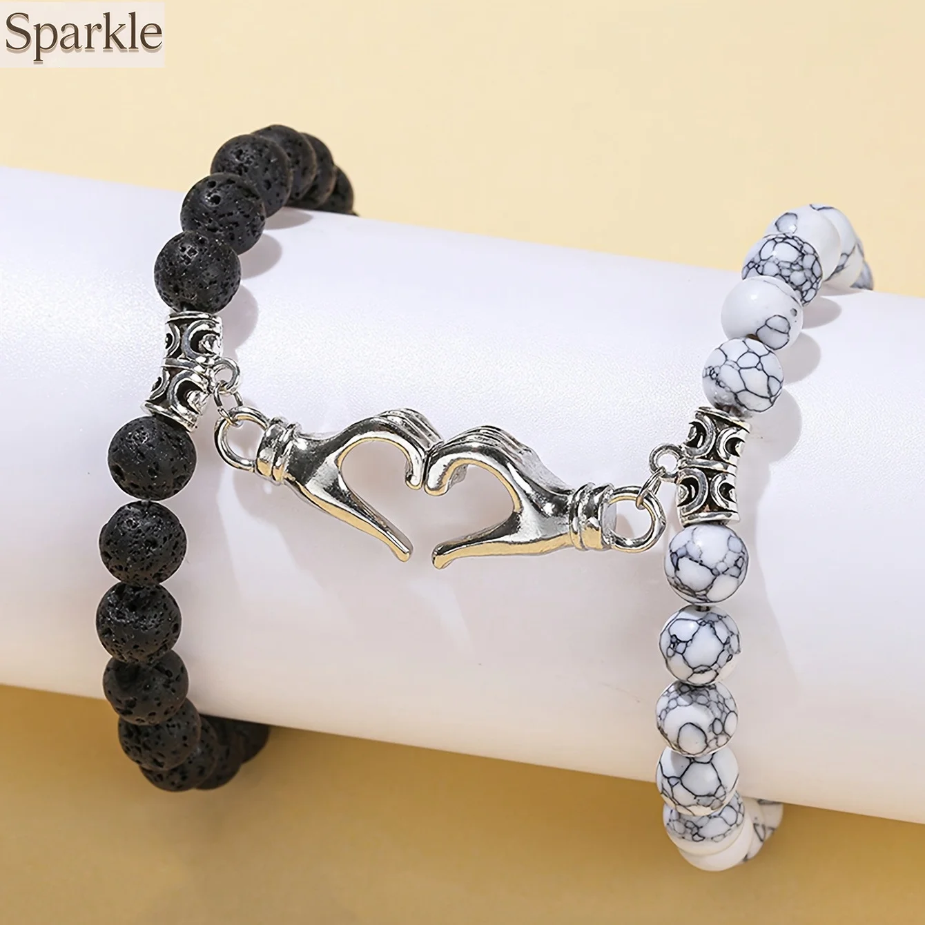 

Natural Volcanic Stone and White Turquoise Magnetic Couple Bracelets Heart-shaped Hand-gesture Design Romantic Lovers Gift