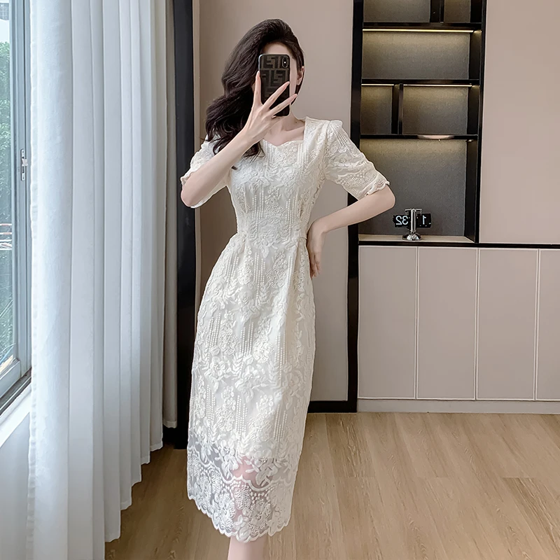 Ele Mid-Length ort-Sve Embroidered Lace Dr Waist-Cinching Girl's Dr Commute Sle Polyester Fiber Summer Dr
