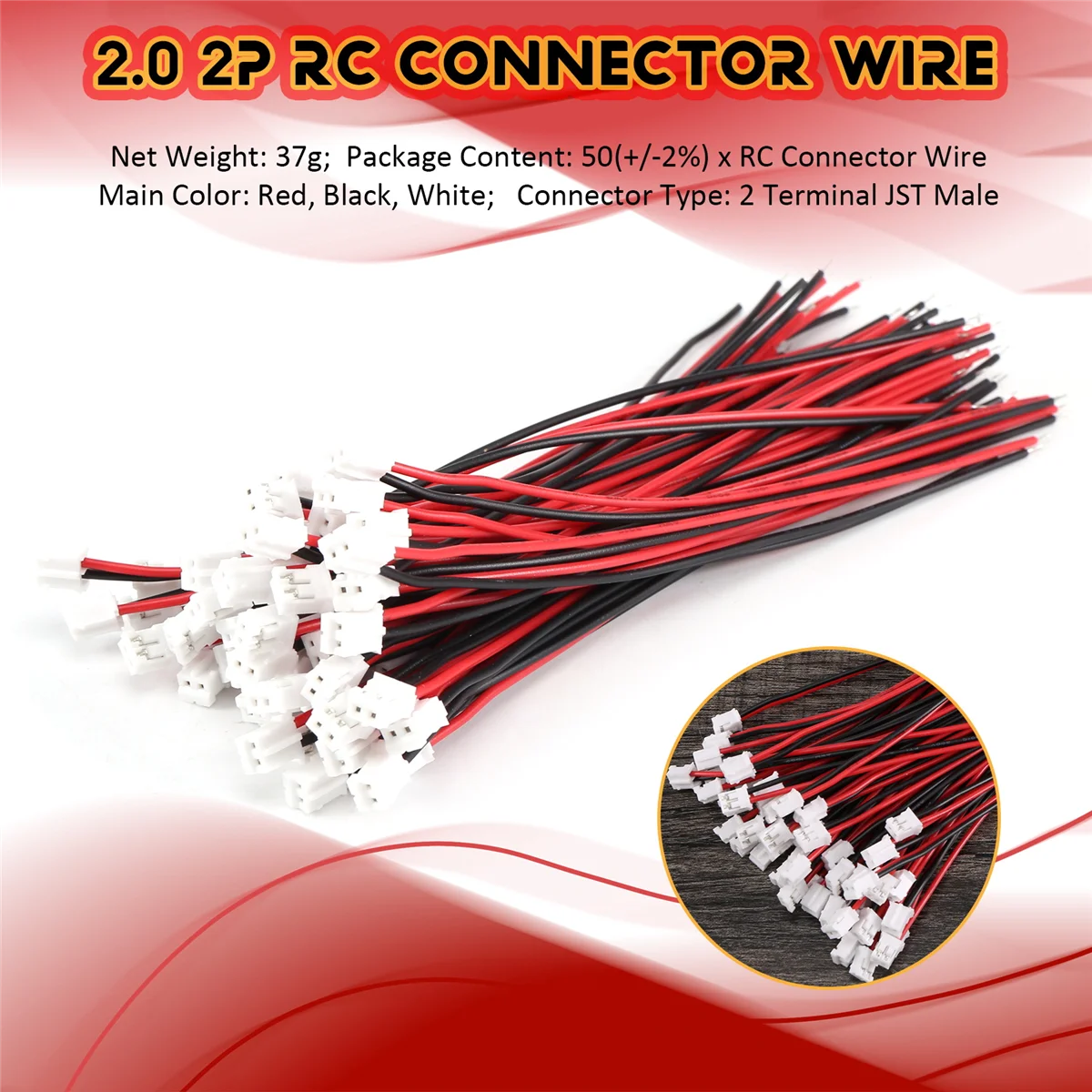 50Pcs Mini JST 2.0 2P Male Connector Wires Cables
