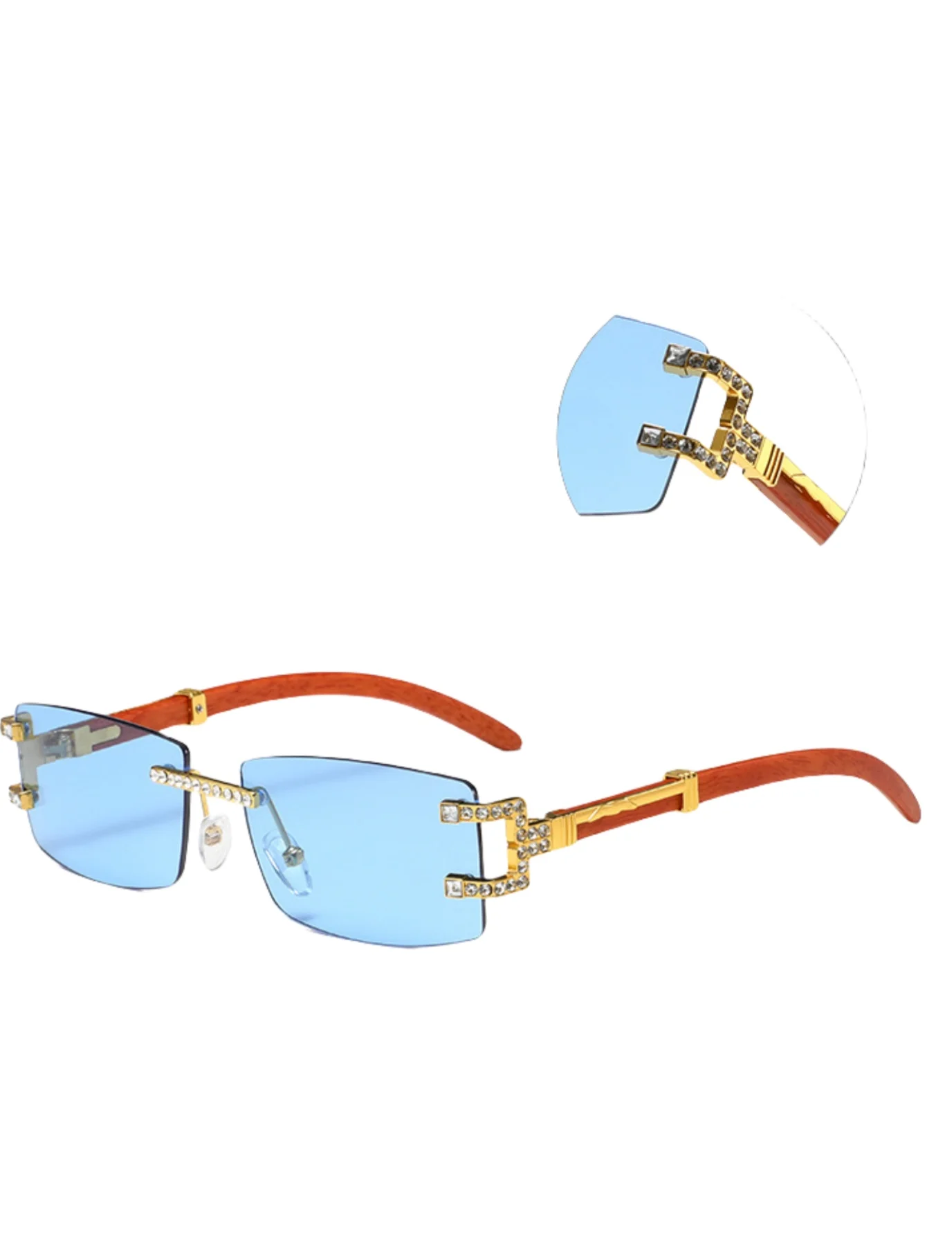 Lunettes de soleil rétro à la mode avec jambe en bois, tendance, lunettes sans monture en diamant, tir de rue.