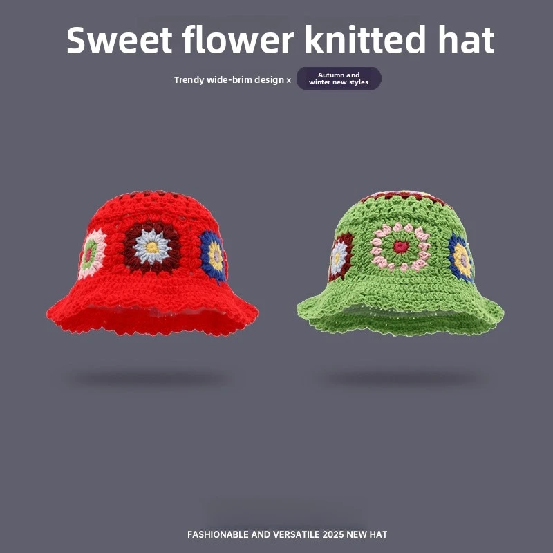 

Colorful Flower Contrasting Hollowed Out Handmade Knitted Cap for Women Autumn Travel Fashionable and Versatile Retro Bucket Hat
